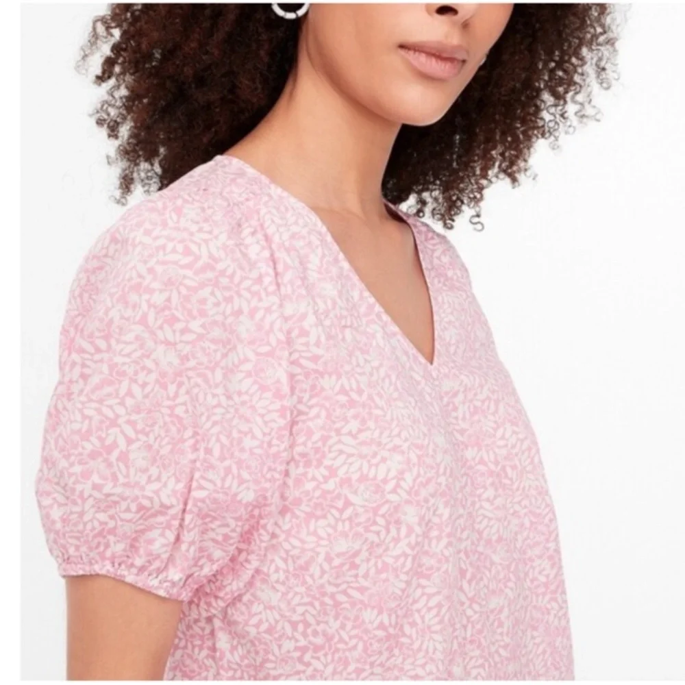 J. Crew Cotton V-Neck Puff-Sleeve Floral Womens Pink/White Blouse Size Large NEW